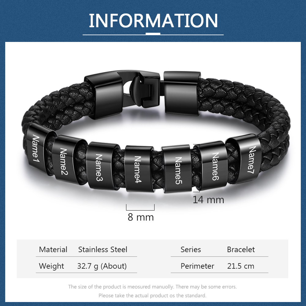 Personalized Braided Leather Bracelet Engraved 7 Names Men's Bracelet for Him