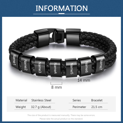 Personalized Braided Leather Bracelet Engraved 7 Names Men's Bracelet for Him