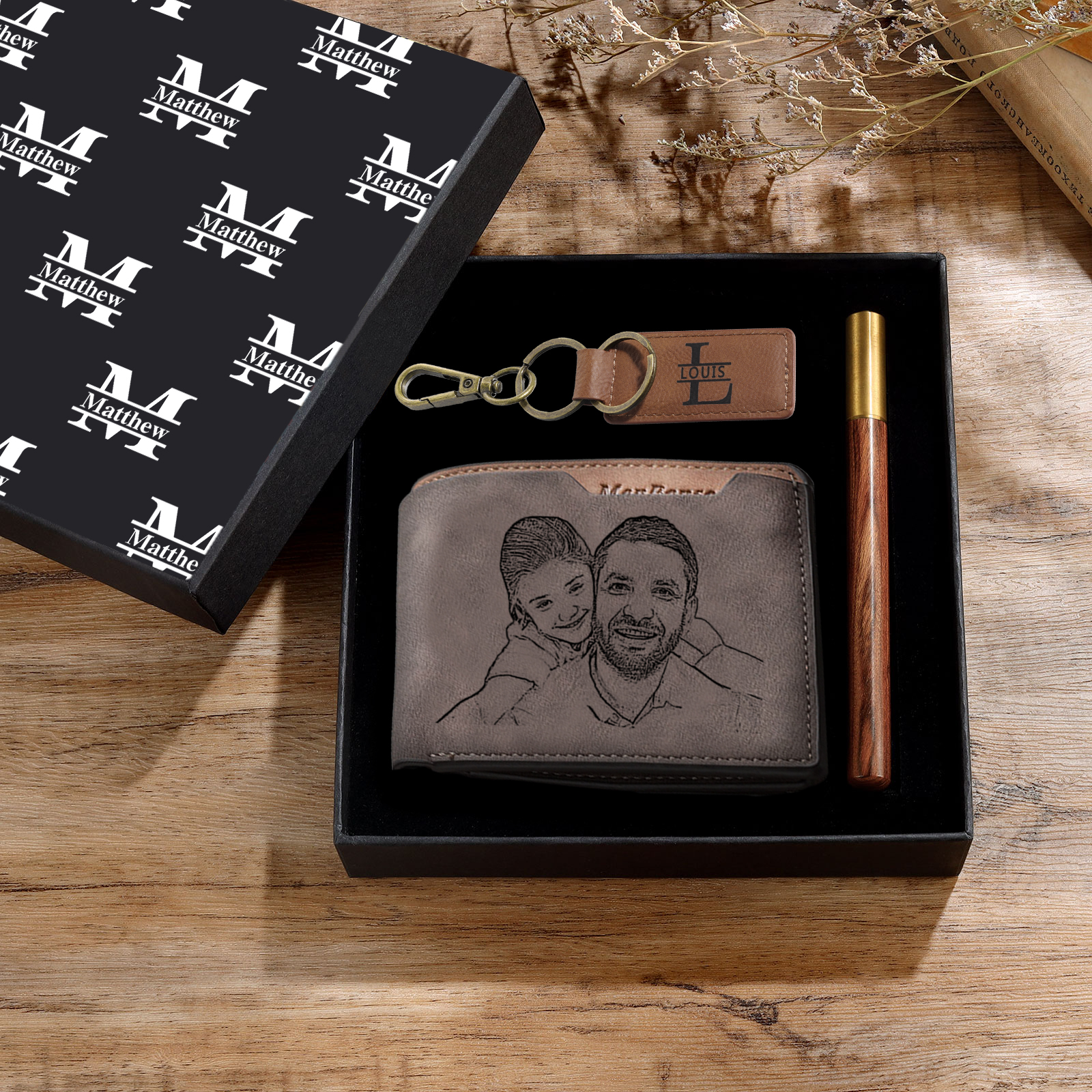 Personalized Leather Wallet Gift Box Set with Letter Name Keychain Customizable Photo and Text Wallet Gift for Him