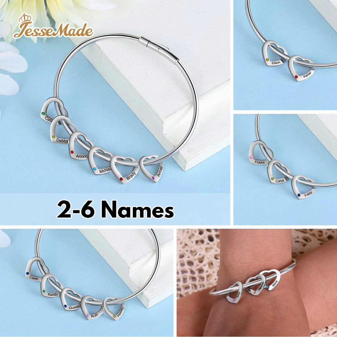 2 Names-Personalized Heart Bracelet and Necklace Set With 2 Birthstones Bangle Engraved Names Bracelet and Necklace Gift For Women