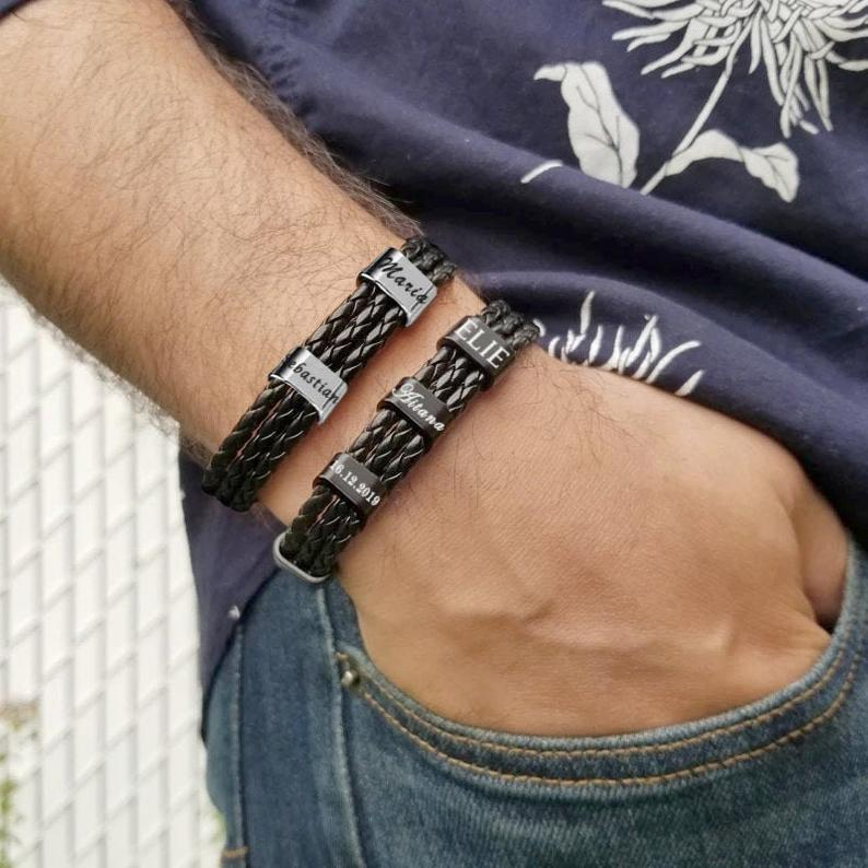 Personalized Braided Leather Bracelet Engraved 5 Names Men's Bracelet Gifts For Him