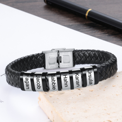 6 Names-Personalized Braided Leather Bracelet Set With Gift Box-Custom Men's Bracelet Engraved 6 Names Gift for Him