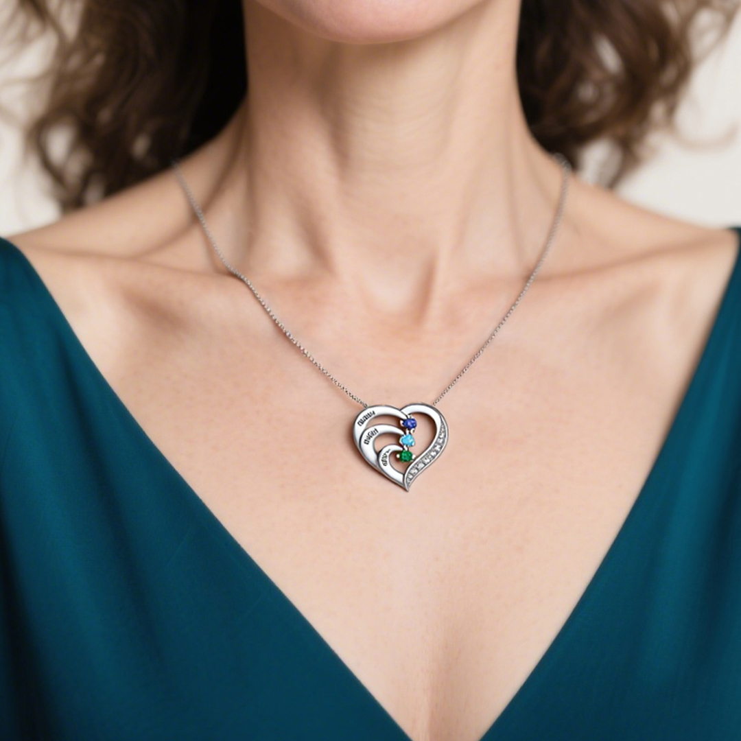 3 Names-Personalized S925 Silver Birthstone Necklace Engraved 3 Names-Custom Birthstone Intertwined Heart Pendant Gifts for Her