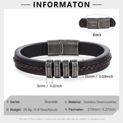 4 Names-Personalized PU Leather Braided Men's Bracelet, Custom 3 Names Bracelets Vintage Gift for Him