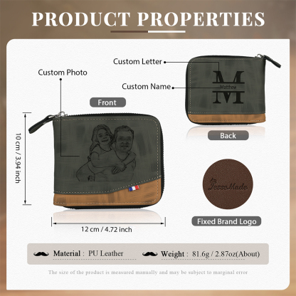Photo Personalized Leather Zipper Men's Wallet Customized Name Letter Folding Wallet Three Colors Available with Gift Box for Dad