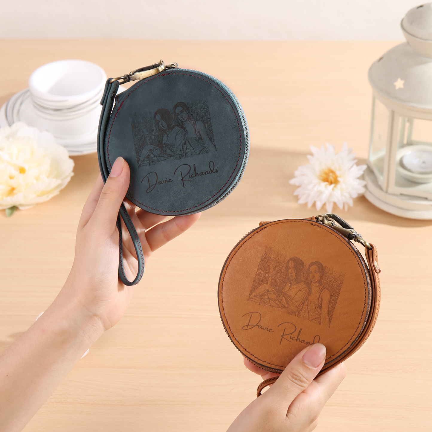 Personalized Photo Quality Leather Round Zipper Wallet Custom Text Wallet Gift for Her