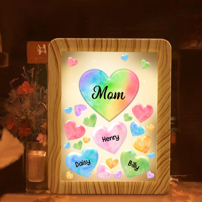 3 Names - Personalized Mom Home Wood Color Plug-in Mirror Photo Frame Custom Text LED Night Light Gift for Mom