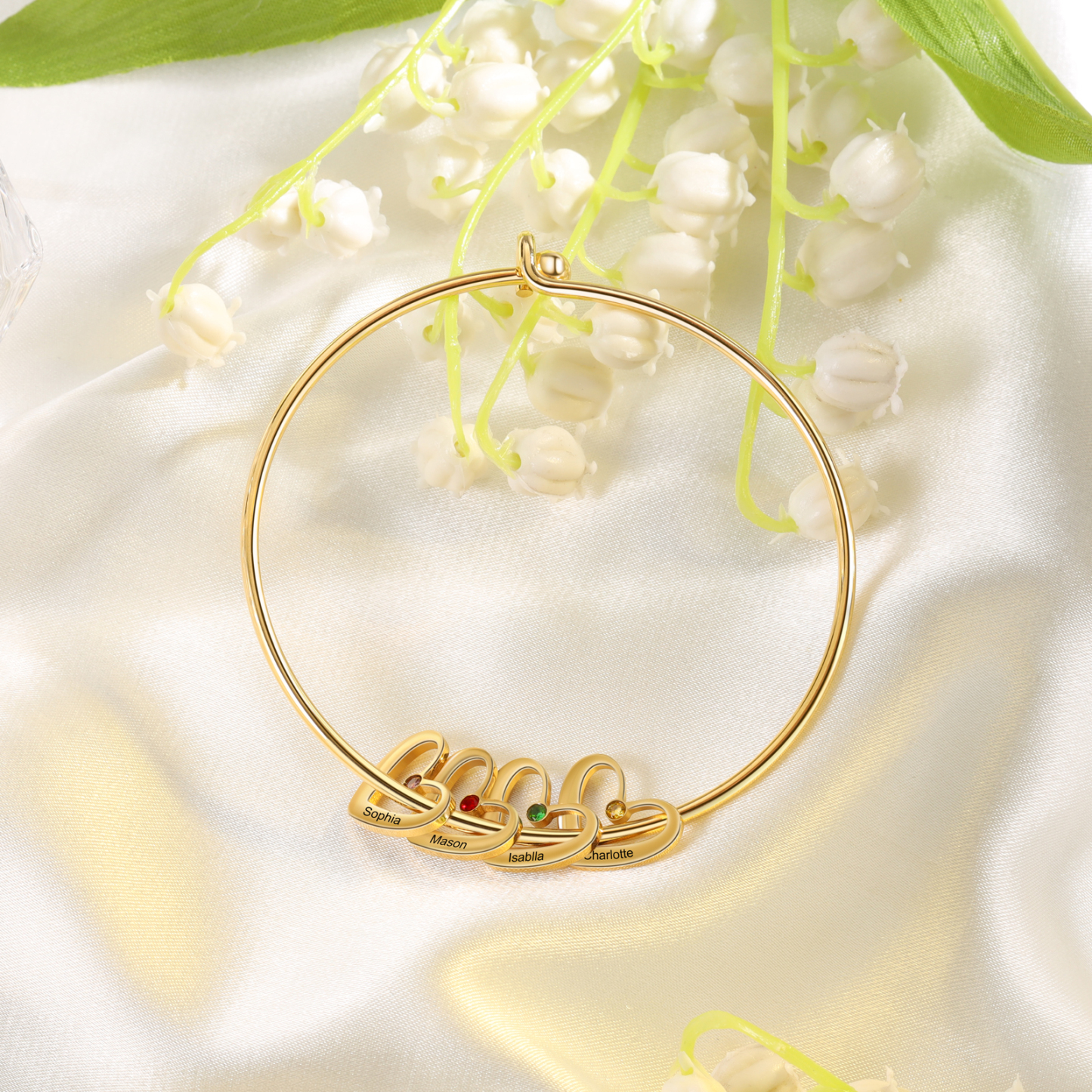 Personalized Heart Bangle With 4 Names and Birthstones Bangle Bracelet Mother's Day Gifts For women