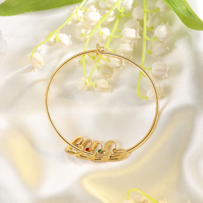 Personalized Heart Bangle With 4 Names and Birthstones Bangle Bracelet Mother's Day Gifts For women