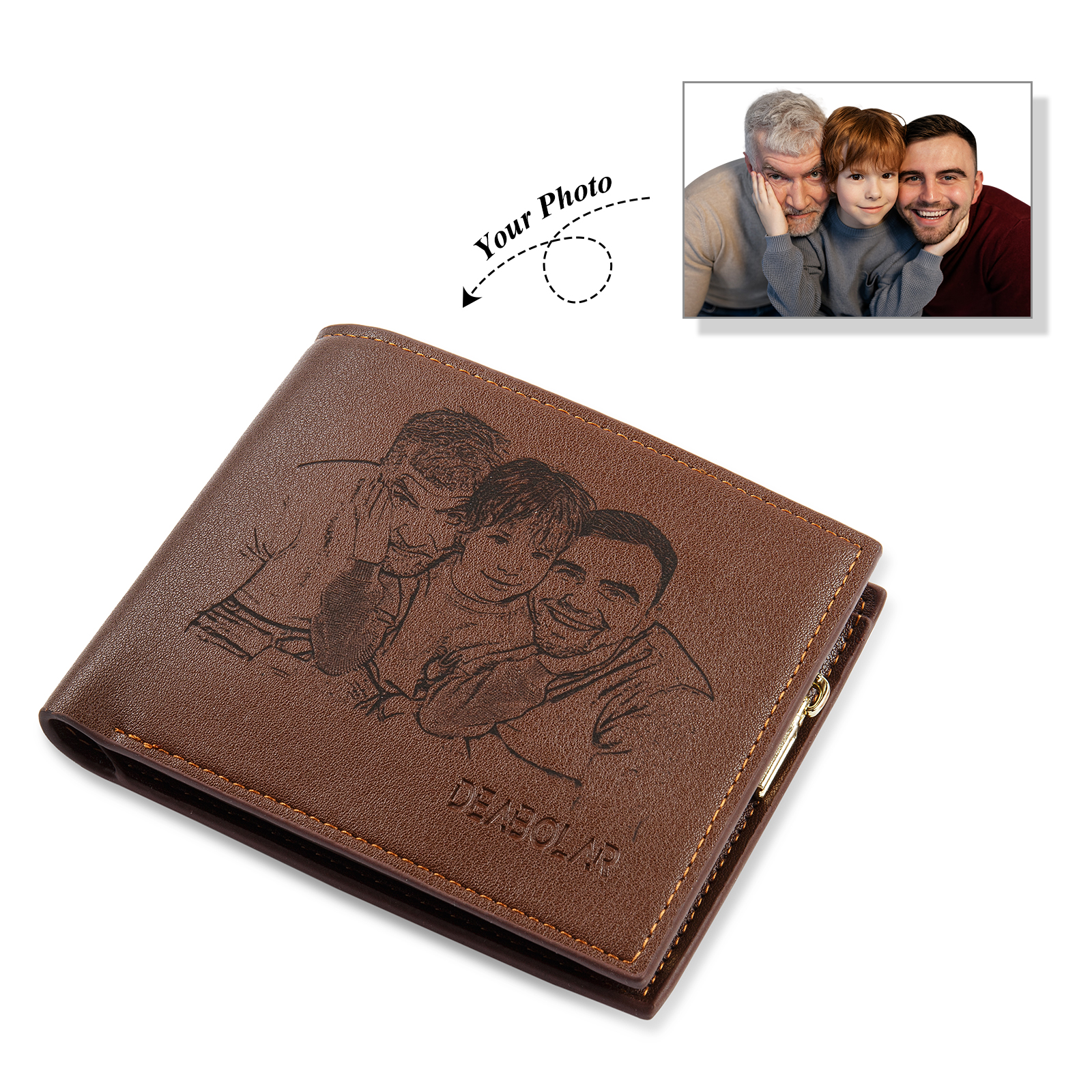 Personalized Photo Leather Men's Wallet Customized Name Letters Folding Brown Wallet Gift for Grandpa
