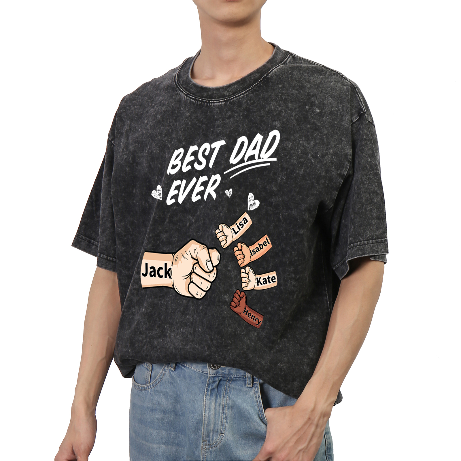 Best Dad Ever - Personalised 2–7 Names Family T-Shirt Custom Fist Bump Short Sleeve Father's Day Gifts For Dad