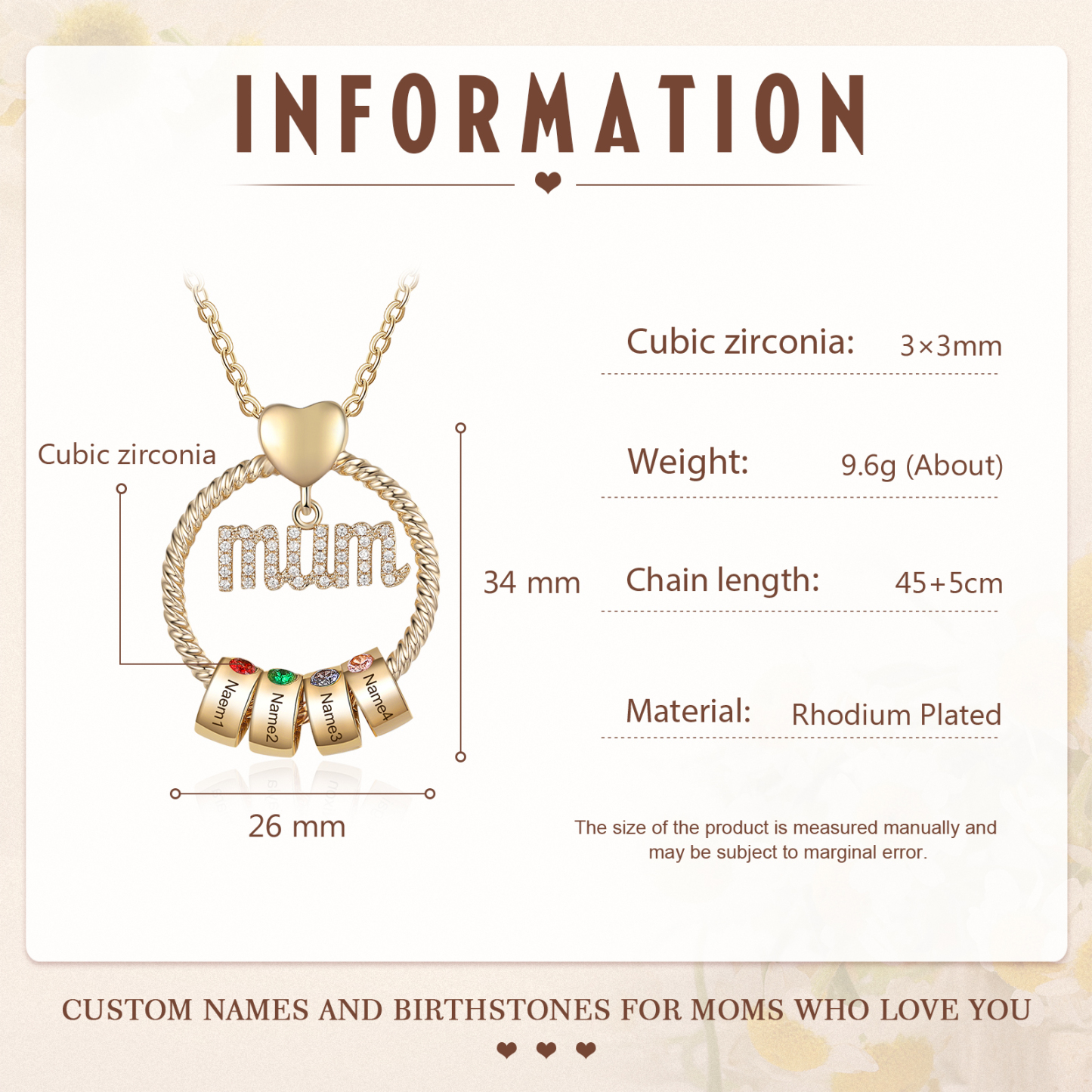 Personalized Circle Necklace With 4 Birthstones Pendant Engraved Names Gift For Mum