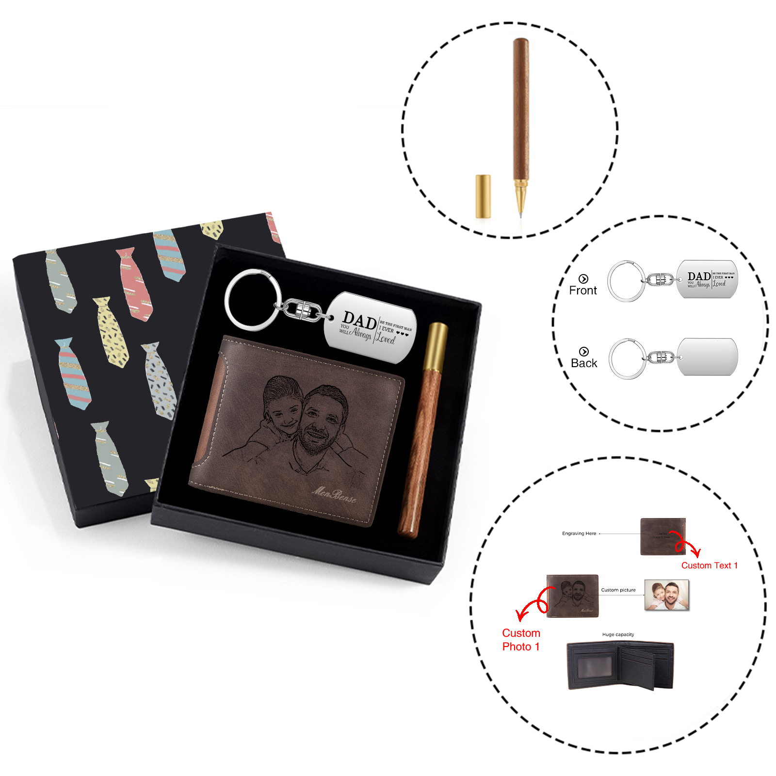 Personalized Leather Wallet Gift Box Set with Keychain Customizable Photo and Text Wallet Gift for Dad