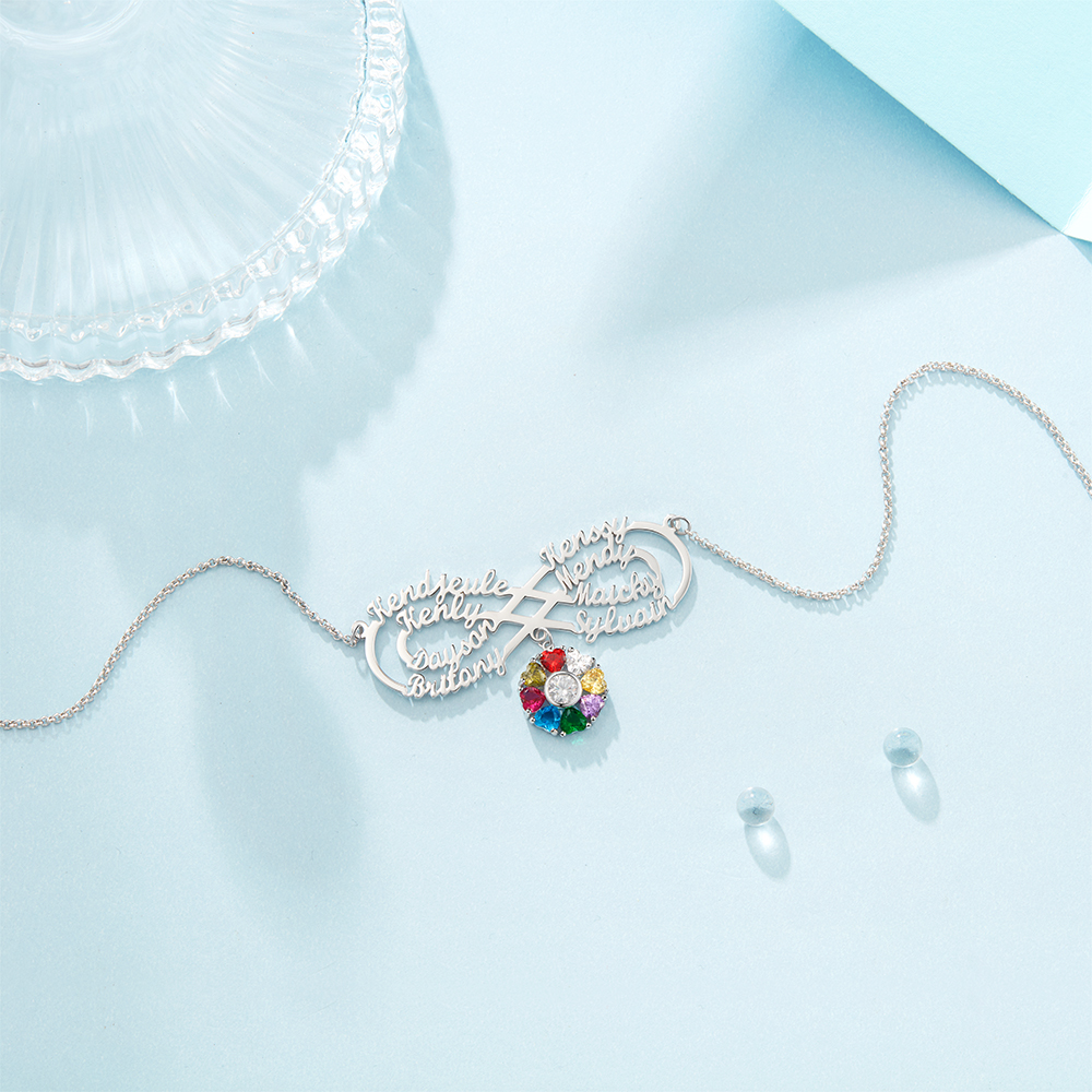 Personalized Infinity Necklace With 8 Birthstones Engraved Names Necklace Gift For Women