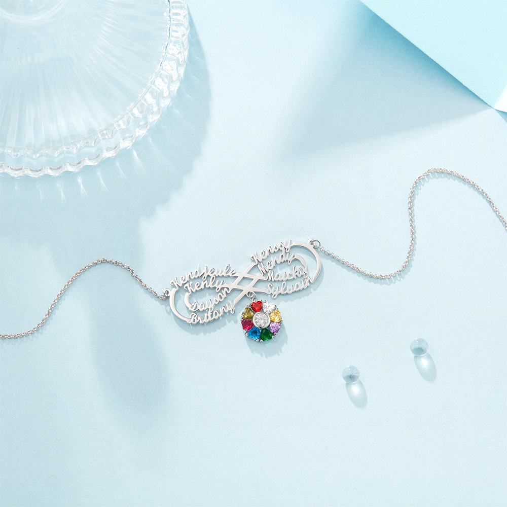 Personalized Infinity Necklace With 8 Birthstones Engraved Names Necklace Gift For Women