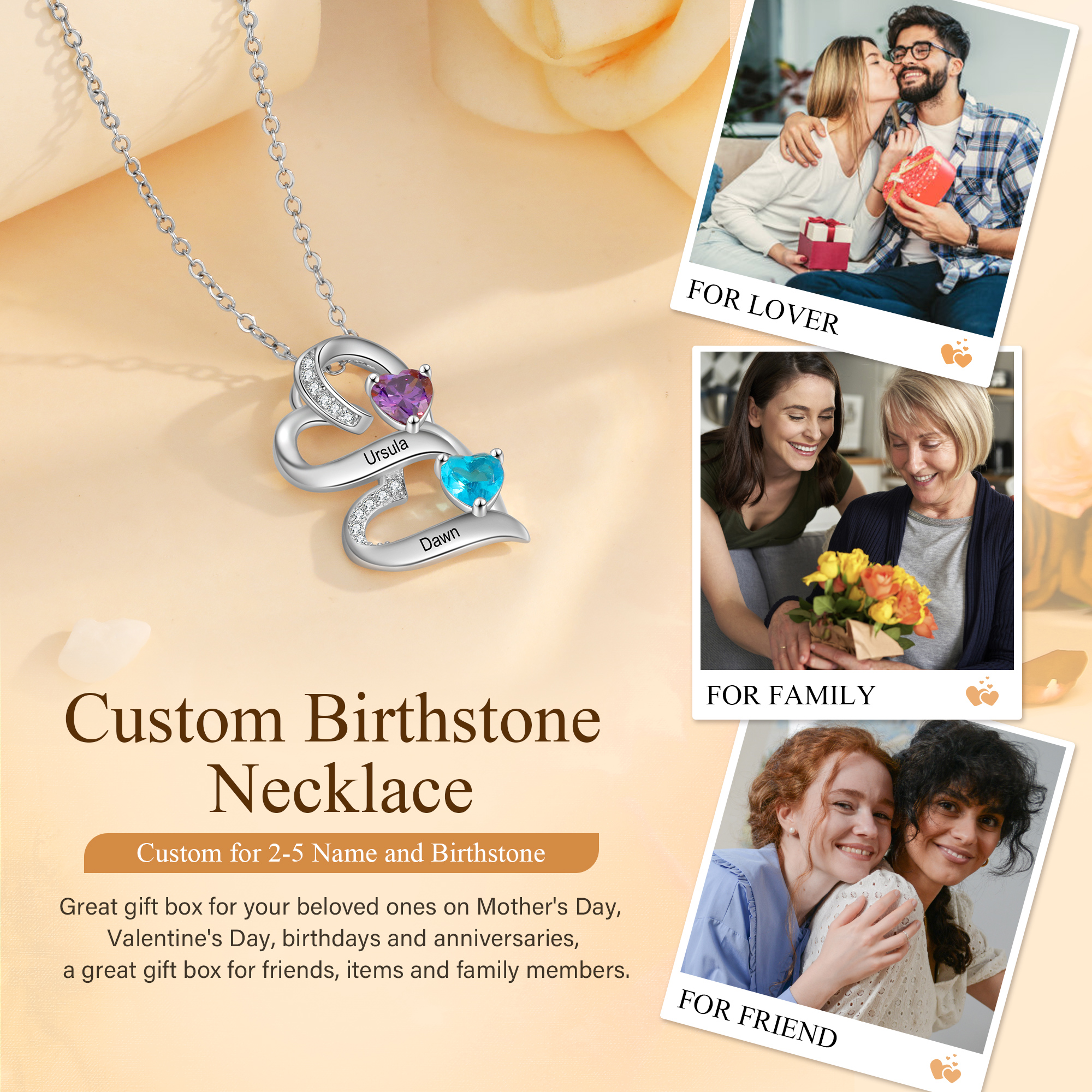 Personalised Heart Necklace with Custom 2 Names & 2 Birthstones – 925 Sterling Silver Double Heart Design – Valentine’s Day Gift for Her | Jessemade