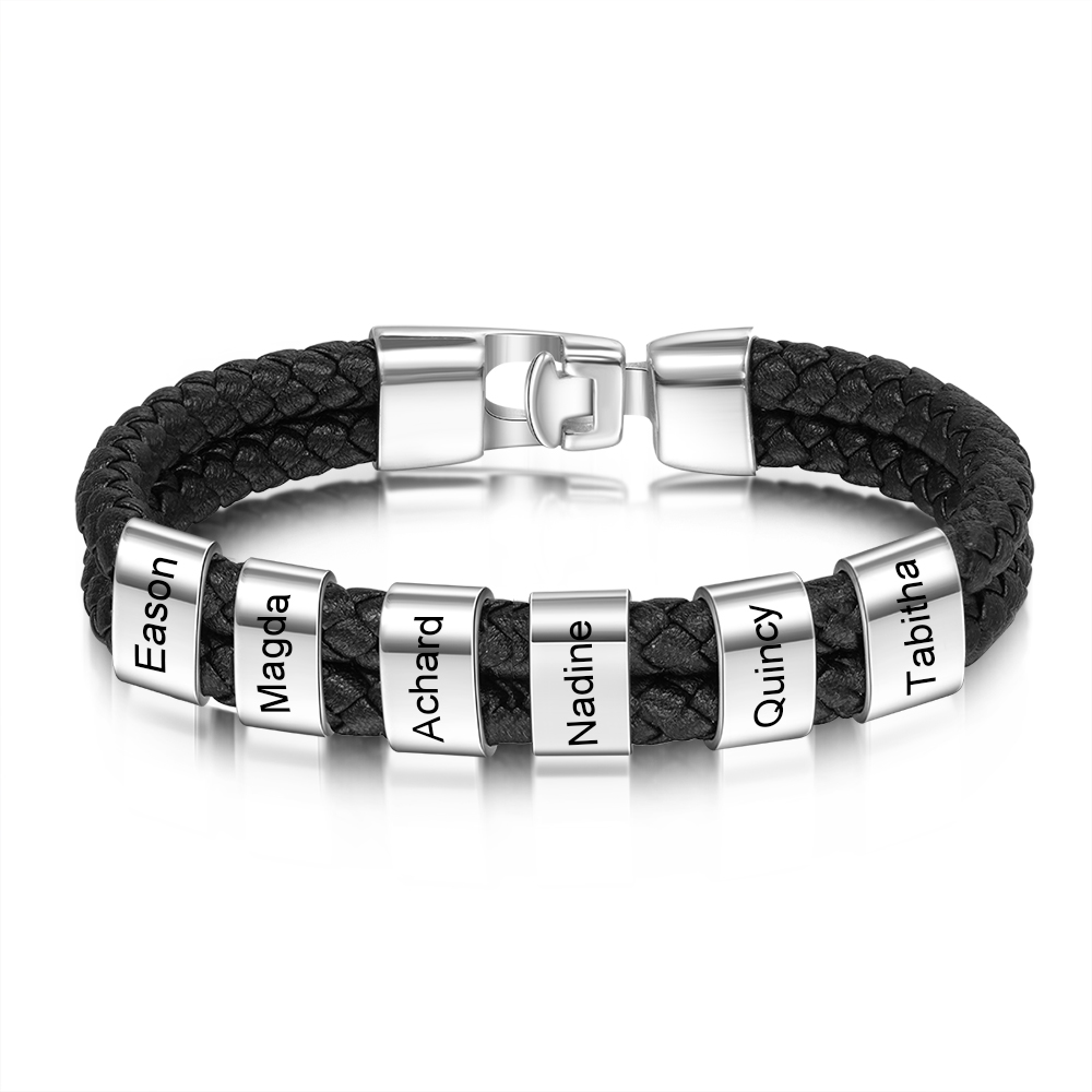 Customized Braided Leather Bracelet Engraved 6 Names Men's Bracelet for Him