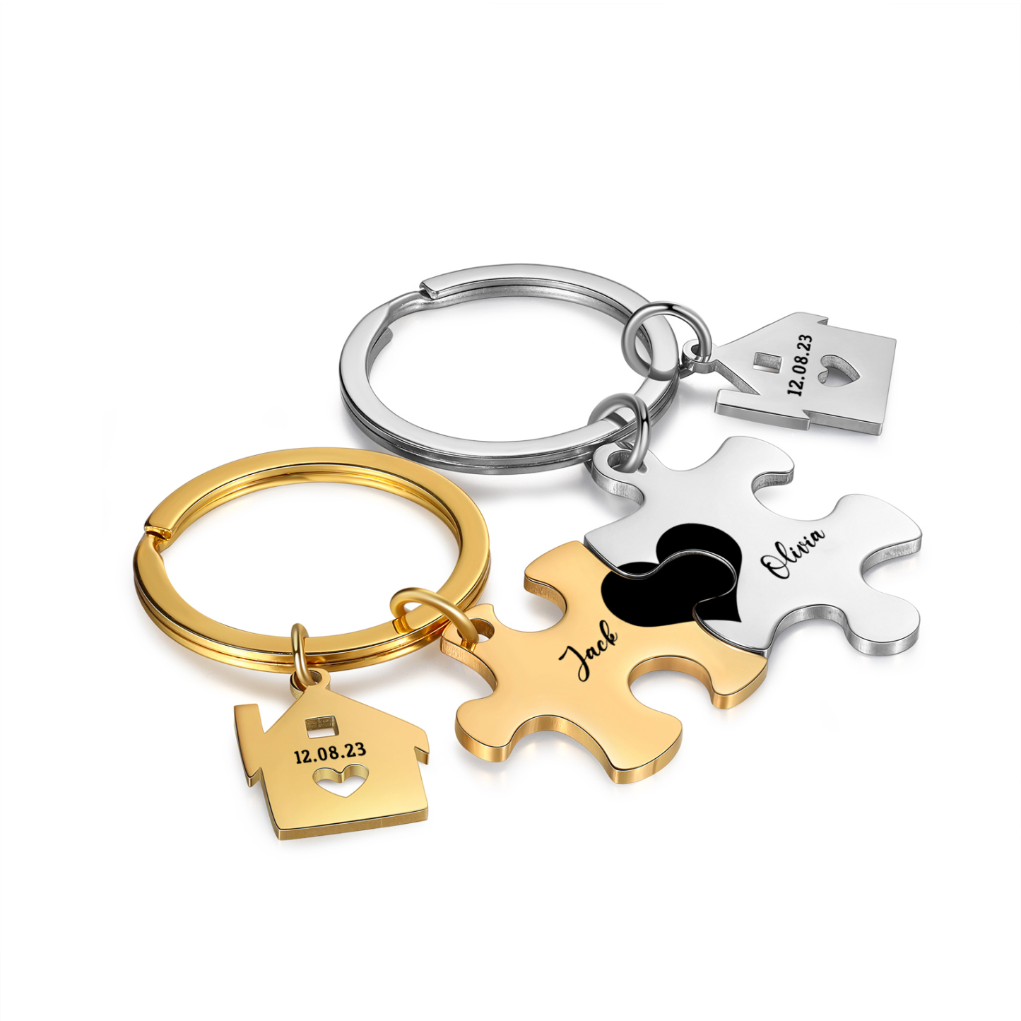Personalized Name Puzzle Couple Keychain Engrave Date Matching Couple Gifts, Special Gift For Him/Her