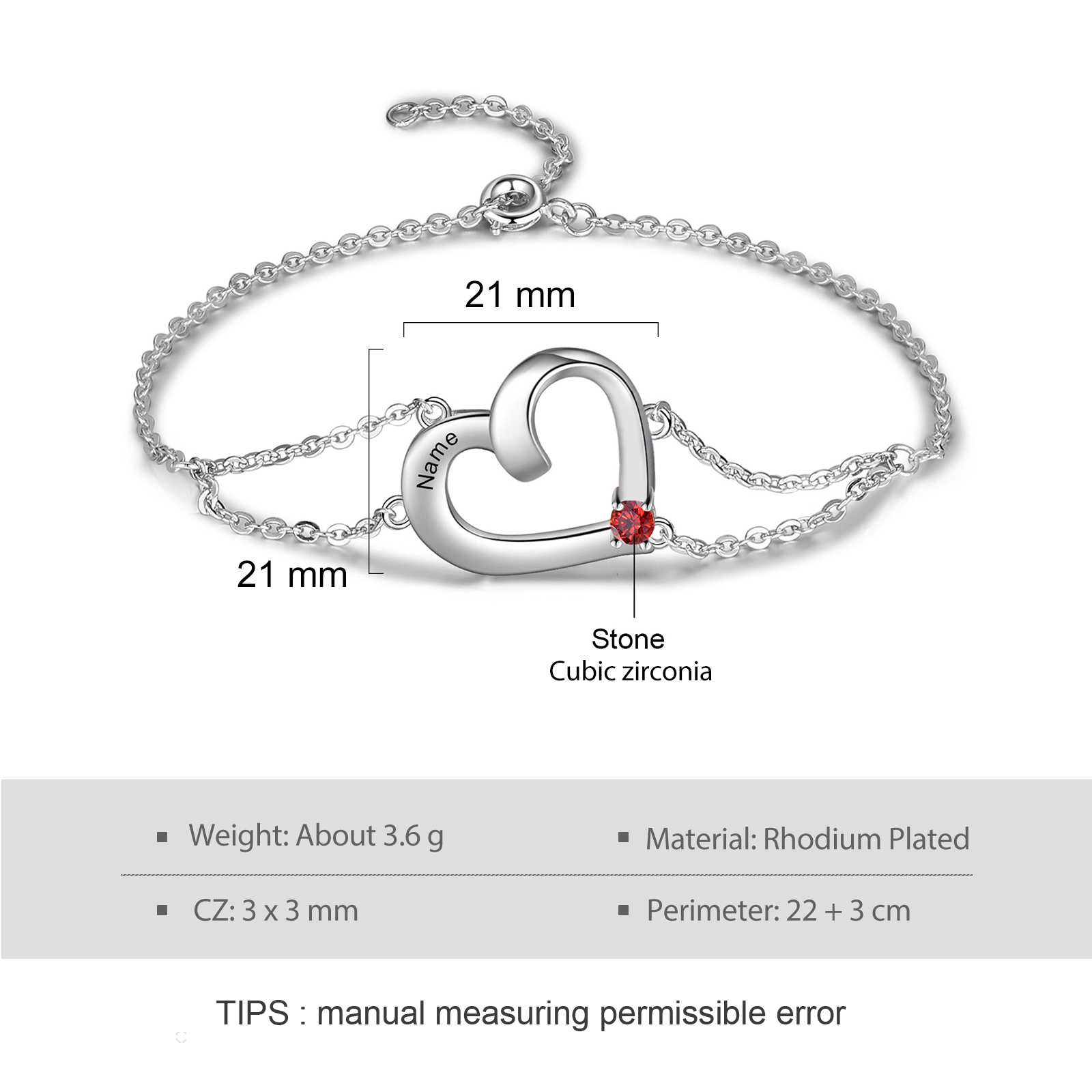 Personalized Heart Bracelet With 1 Birthstone Engraved Names Gift For Women