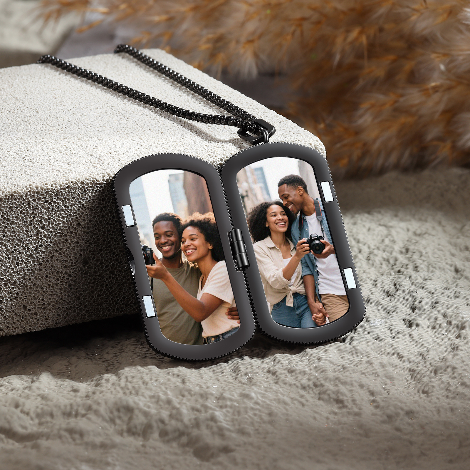 Personalized Dog Tag Locket Necklace for Men with Engraving and 2 Photos