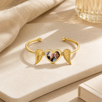 Personalized Angel Wing Heart Photo Cuff Bracelet