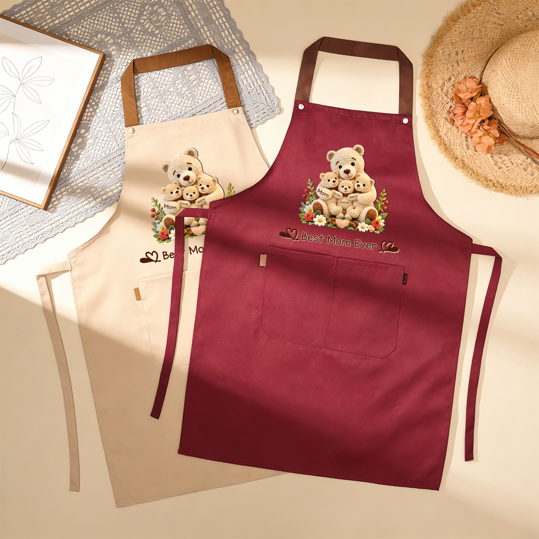 Personalized Cooking Apron With Pocket Customized With 1-10 Names And Teddy Bear