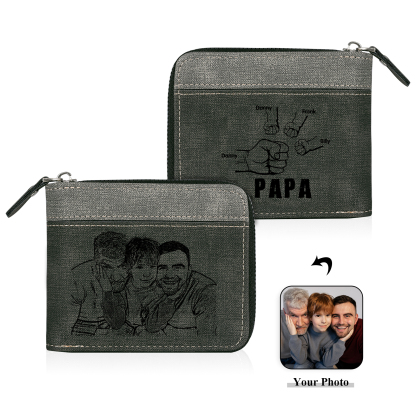4-Names Personalized Leather Men's wallet With Card Slot Engraved With Name And Photo For Papa As a Father's Day Unique Gift