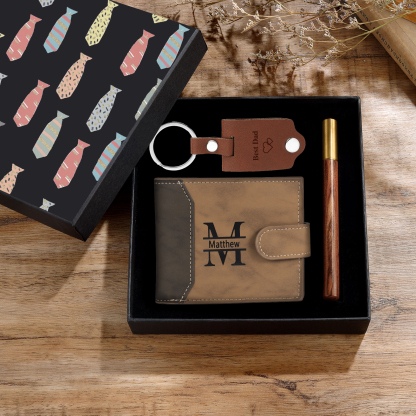 Personalized Leather Wallet Gift Box Set with Keychain Customizable Photo,Text ,Name and Letter Wallet Gift for Him