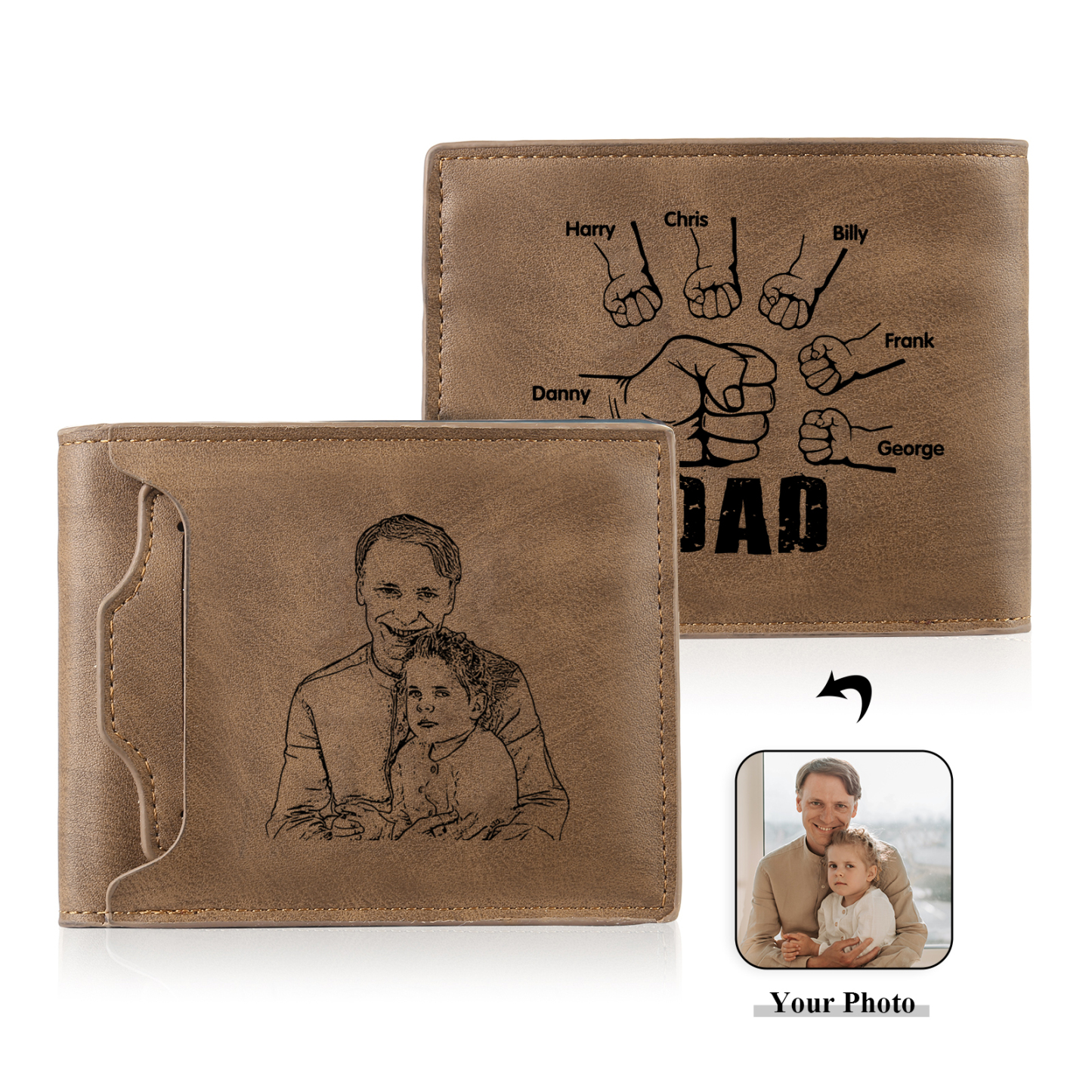 Jessemade UK 6 Names - Personalized Photo Custom Leather Men's Folding Wallet as a Father's Day Gift for Dad 28.99 m1-t1-n6