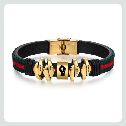 Personalized Leather Bracelet Custom 4 Names Mens Bracelet Silver and Gold