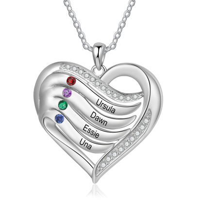 4 Names - Personalized S925 Silver Heart Necklace with Birthstone and Name, Beautiful Gift for Her