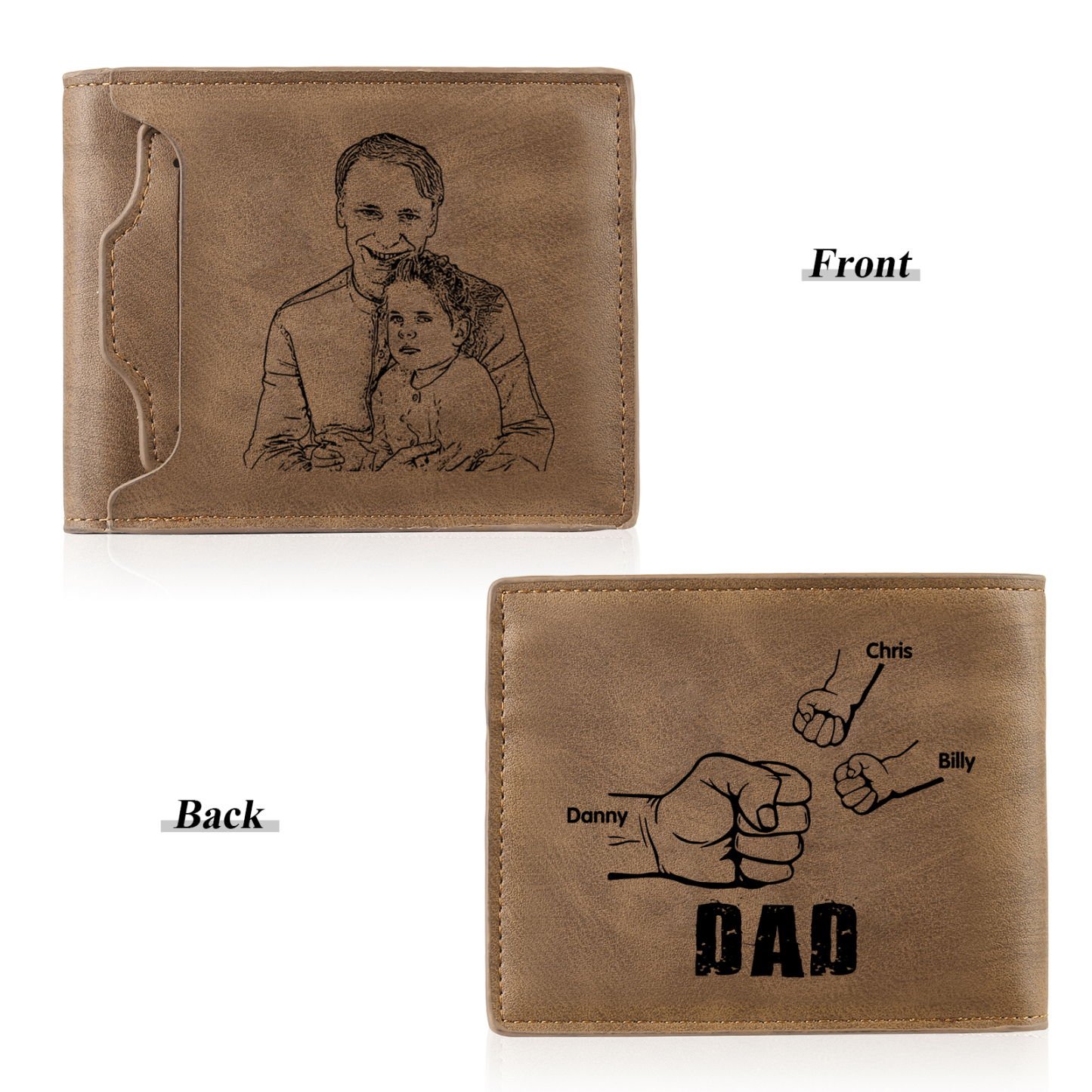 3 Names - Personalized Photo Custom Leather Men's Folding Wallet as a Father's Day Gift for Dad