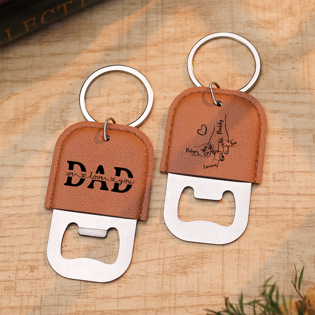 Personalized Leather Keychain For Dad With Bottle Opener Custom with 2-6 Names Hand In Hand Design