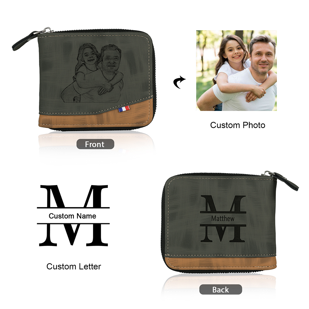 Photo Personalized Leather Zipper Men's Wallet Customized Name Letter Folding Wallet Three Colors Available with Gift Box for Dad