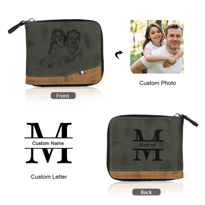 Photo Personalized Leather Zipper Men's Wallet Customized Name Letter Folding Wallet Three Colors Available with Gift Box for Dad