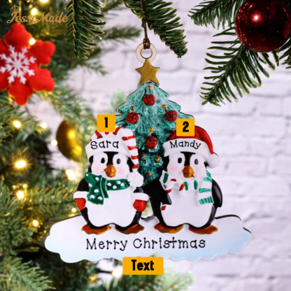 2 Names-Personalized Family Wooden Christmas Ornament-Custom 2 Names Hanging Ornament Gifts For Family-Winter Penguin Family