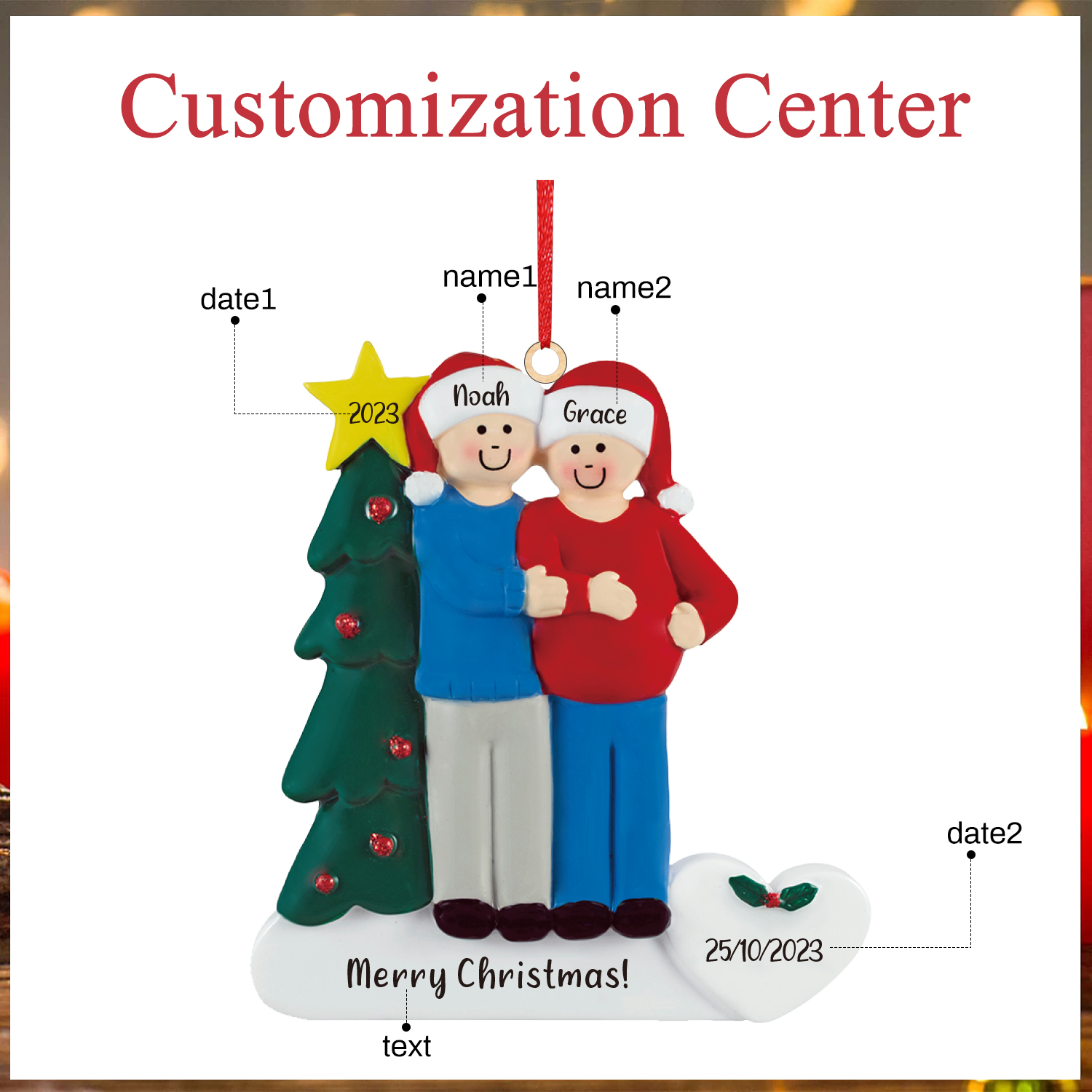 2 Names-Personalized Family Wooden Christmas Xmas Tree Decoration Ornament-Custom 2 Names And Dates Hanging Ornament Gifts For Family