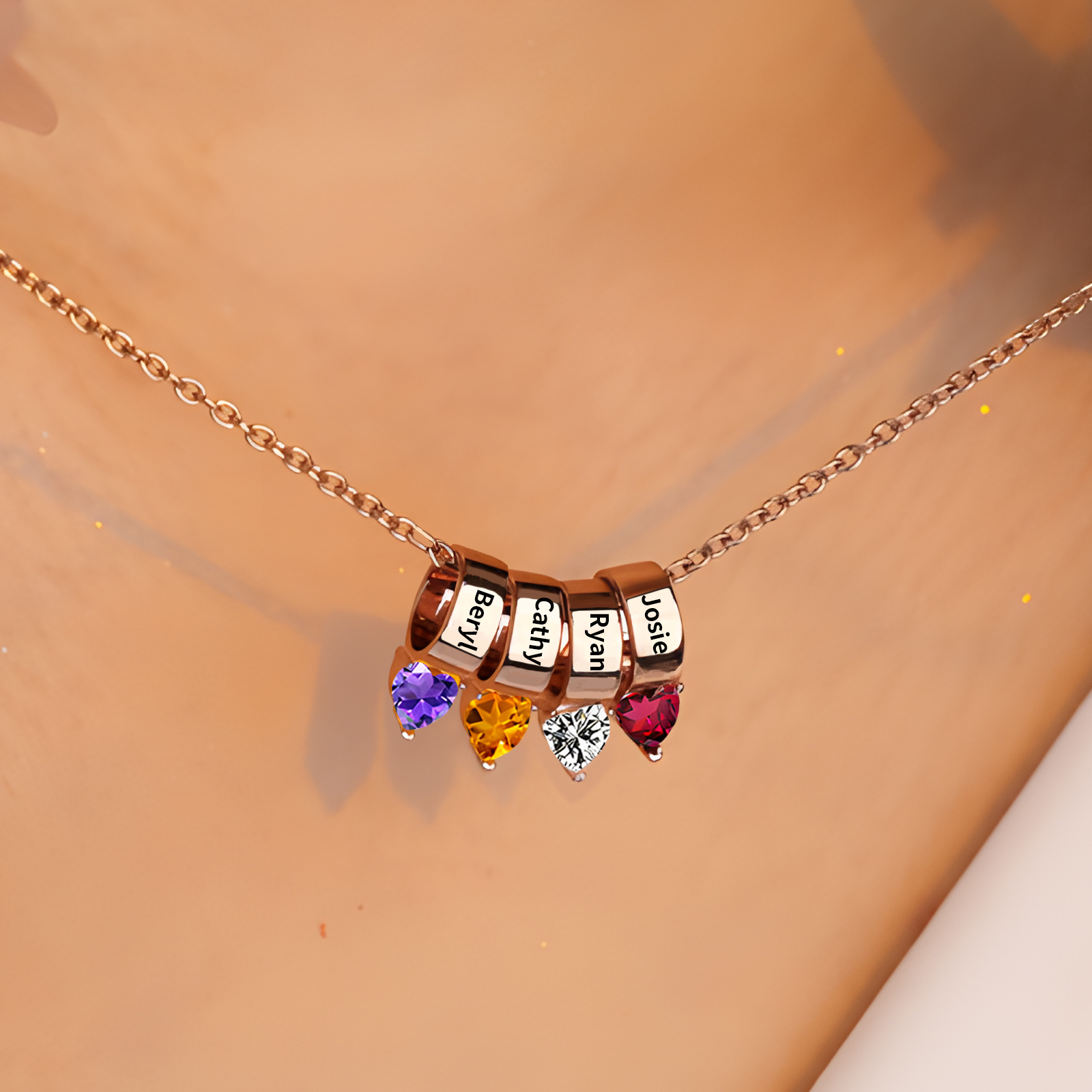 4 Names - Personalized Link Pendant Necklace with Customized Name and Birthstone Gift for Her