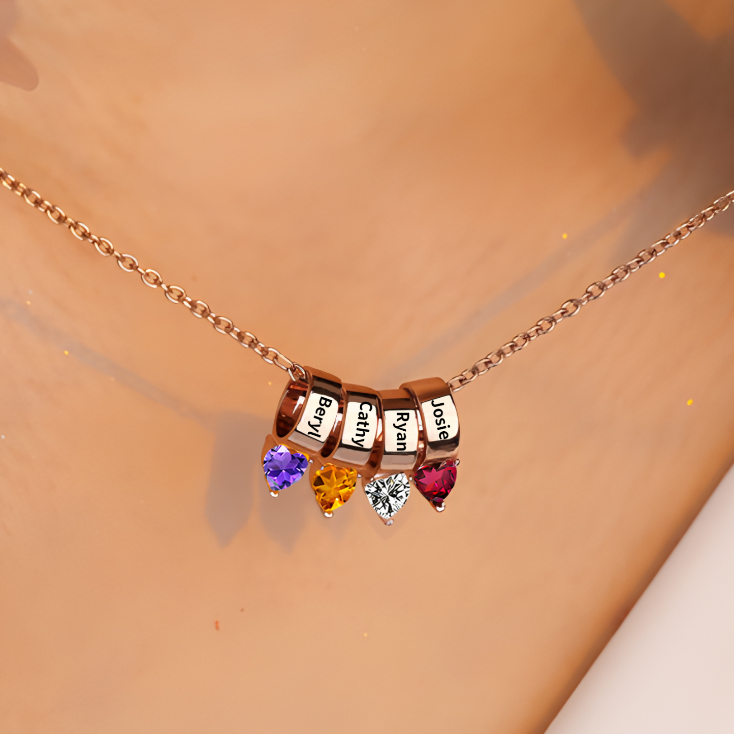 4 Names - Personalized Link Pendant Necklace with Customized Name and Birthstone Gift for Her