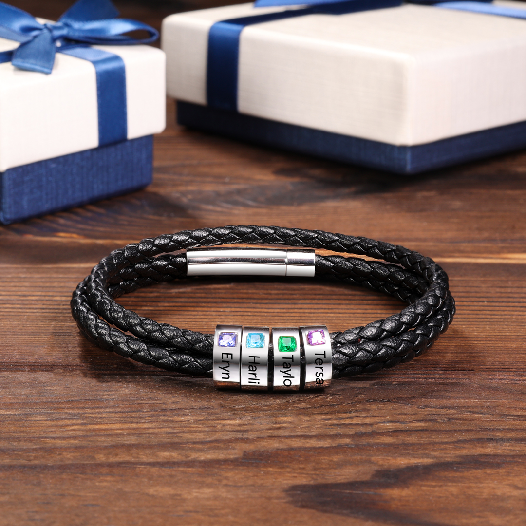 Personalized 3 Layer Leather Bracelet with 3 Beads Engraved Names Men's Bracelets for Him