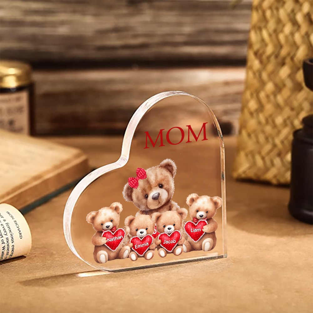 4 Names-Personalized Mom Acrylic Heart Keepsake Custom Text Love Teddy Bear Ornaments Gifts Set With Gift Box for Grandma/Mother