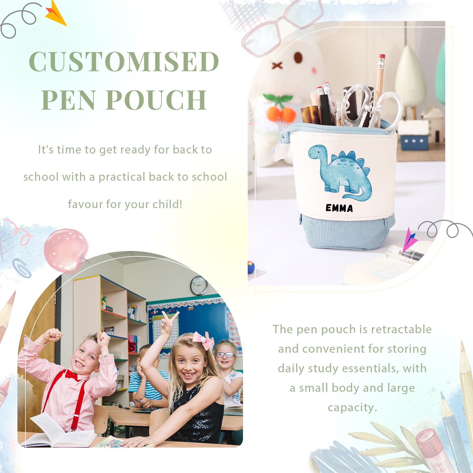 Back to School Gift Set -Personalized Gift Customized Name and Date Enamel Mug and Blue Dinosaur Pencil Case and Dinosaur Bracelet Set - Gift for Kids