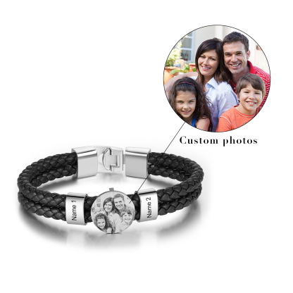 Personalized Photo Bracelet with 2 Names Leather Bracelet Beaded Wrap Bracelet Valentine's gift for Him | Jessemade