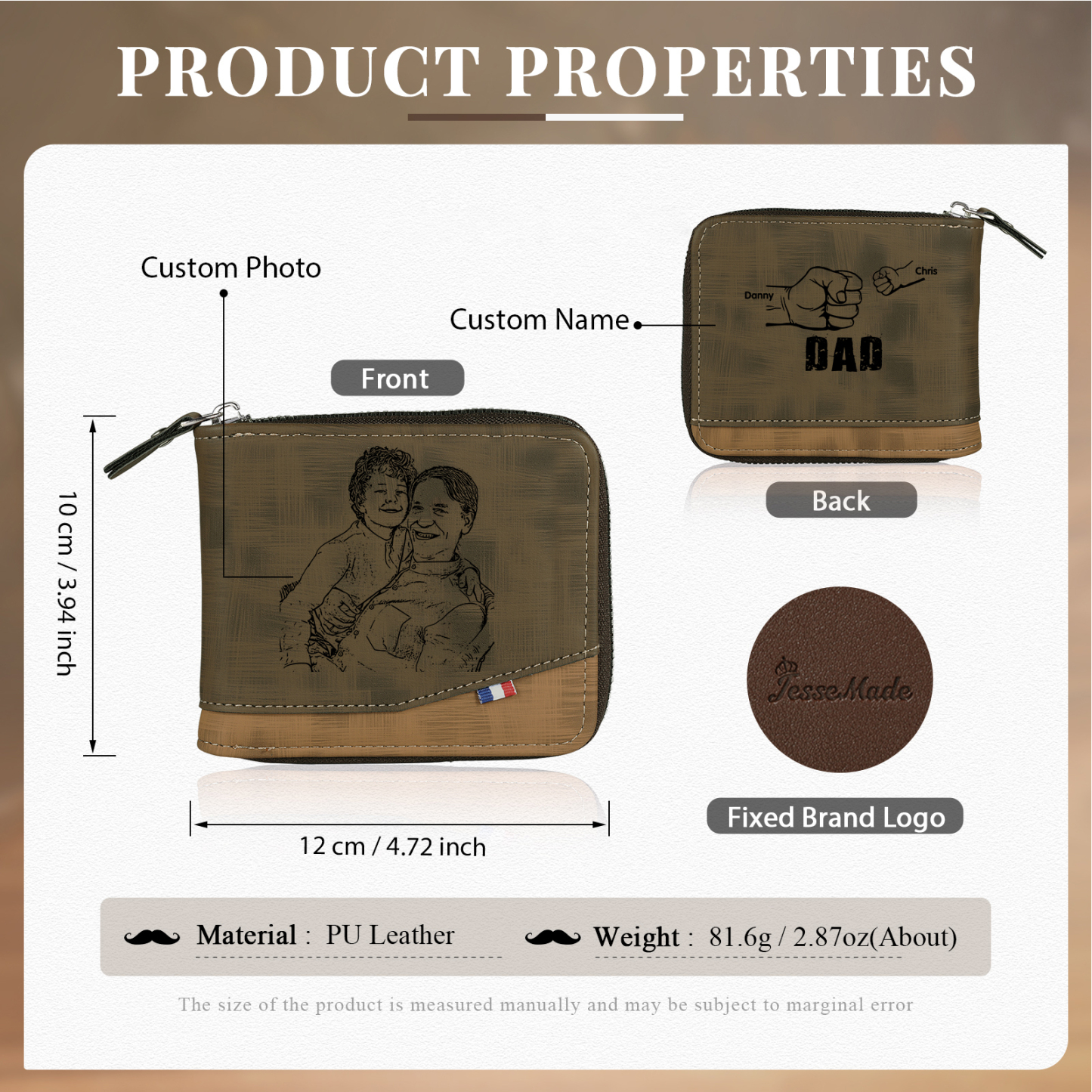 2 Names - Personalized Photo Custom Leather Men's Zipper Wallet as a Father's Day Gift for Dad