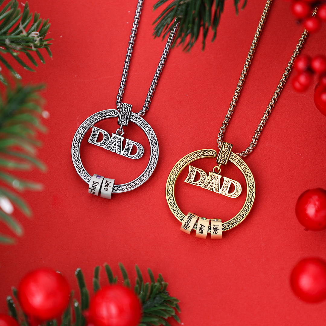 Dad Necklace Personalized Circle Men Necklace with Birthstones Engraved 5 Names Gifts For Father