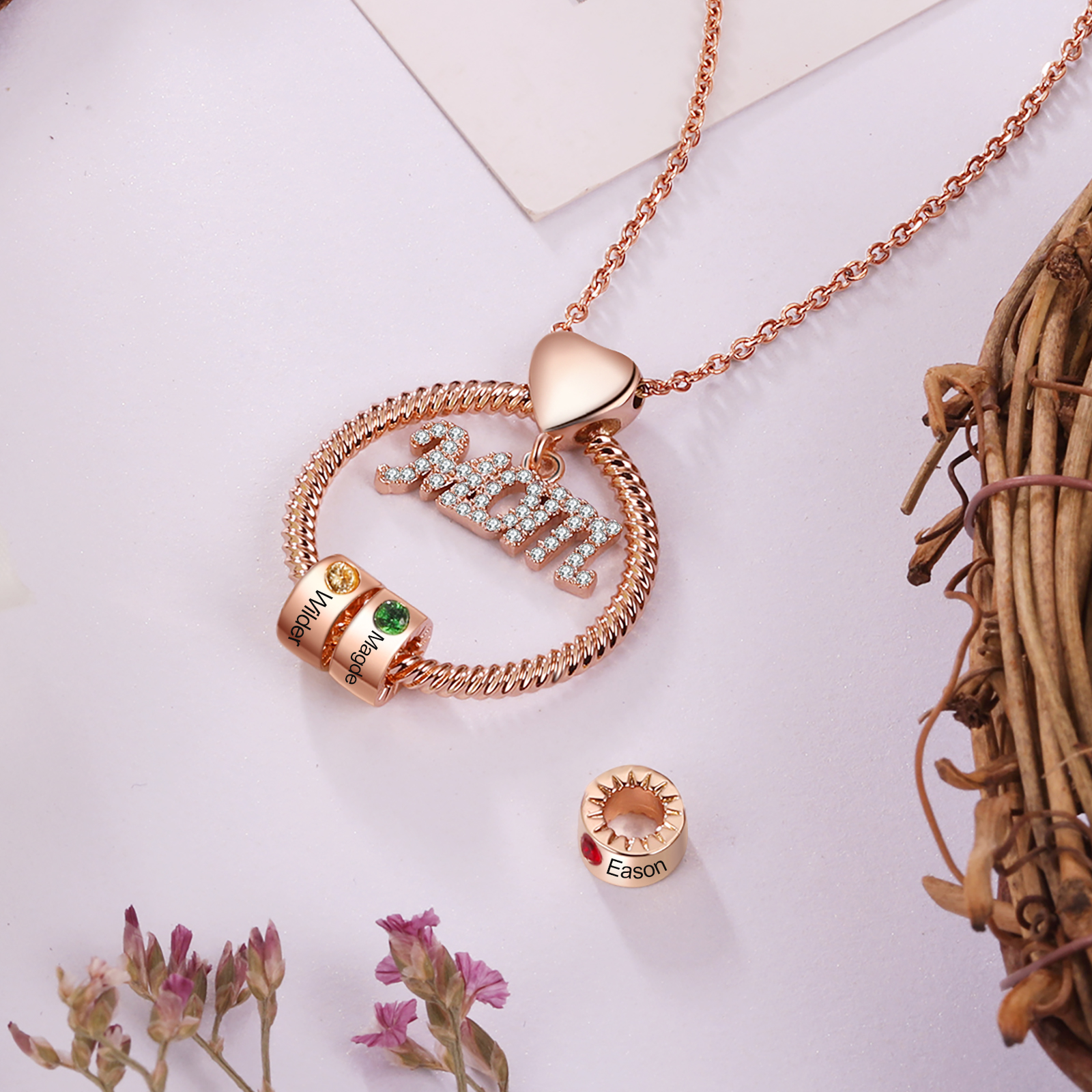 1 Names-Personalized Necklace With 1 Birthstone Engraved Names Gift For Mother