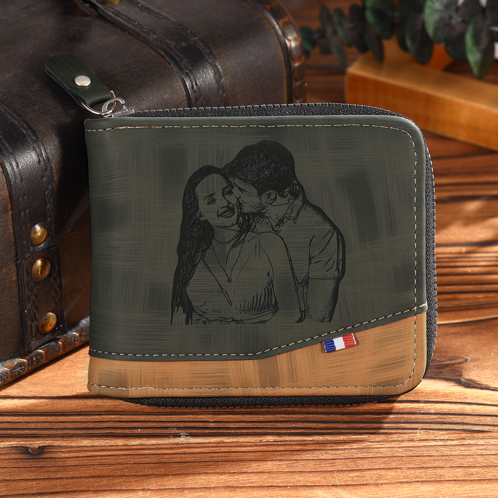 Personalized Name Leather Men's Zipper Wallet With Card Slot Engraved Letter And Photo Gift For Him