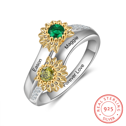 Personalized Sunflower Ring With 2 Birthstones Engraved Names Ring Gift For Women | Jessemade