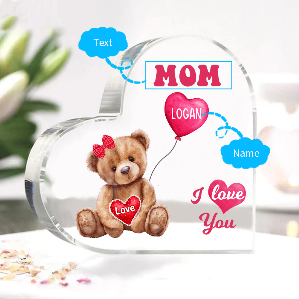 1 Name-Personalized Bear Acrylic Heart Keepsake Custom Text Acrylic Plaque Ornaments Gifts for Mum