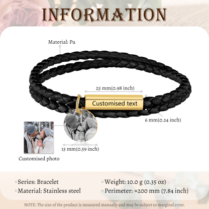 Personalized Text Leather Bracelet Custom Photo EngravedStainless Steel Bracelet Personalized Gift for Him/Her